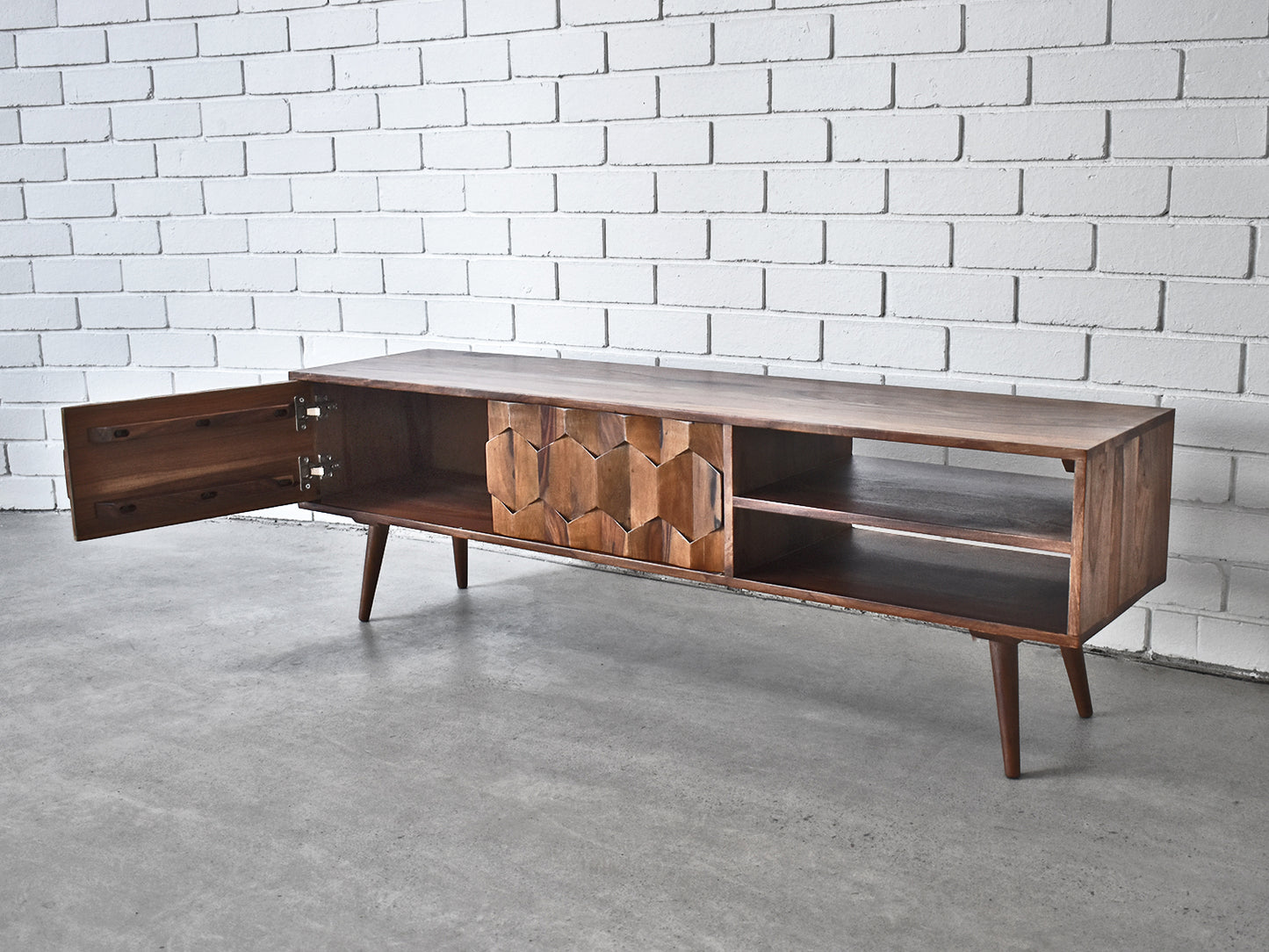 Mid Century Modern Entertainment Unit with one wooden cupboard door open