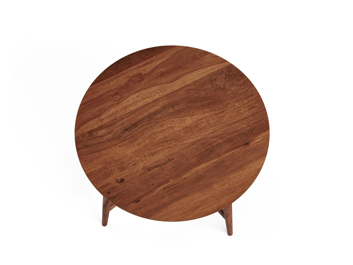 Top-down acacia wood coffee table with white background