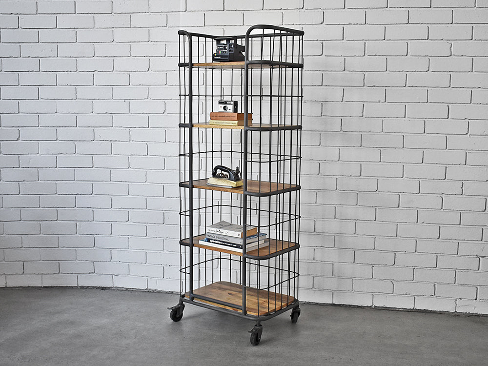 industrial shelving on wheels with metal frame and wood shelving