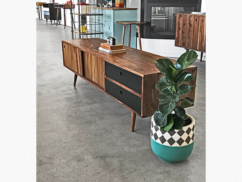 side on danish scandi tv unit with plant next to it and books and a camera for decoration
