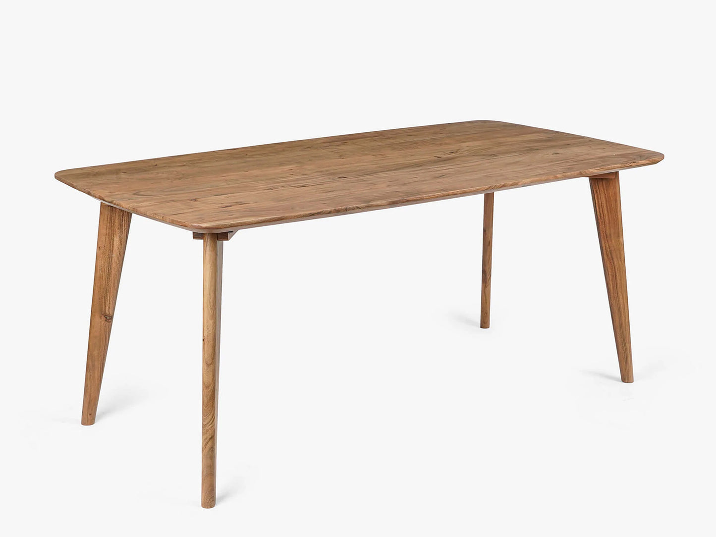 High angled view of the Scandinavian Dining Table, highlighting the acacia table top and legs