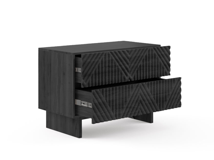 Product side on black bedside with drawers open