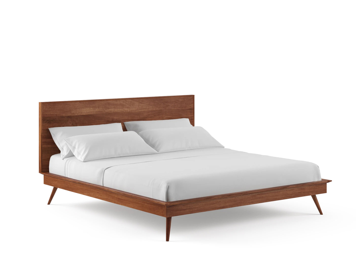 Angle view of Scandinavian Acacia wood Style Bed Base with headboard, photo features a mattress and pillows