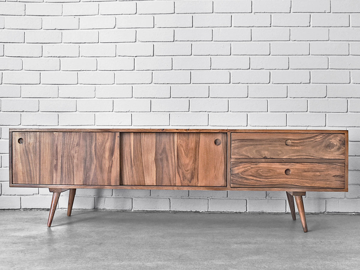 Rosewood Scandinavian entertainment unit with two sliding cupboard doors and two drawers