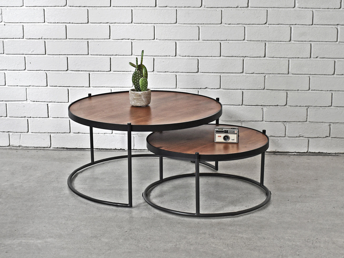 Nested Acacia Coffee Table with Black Metal Frame 
