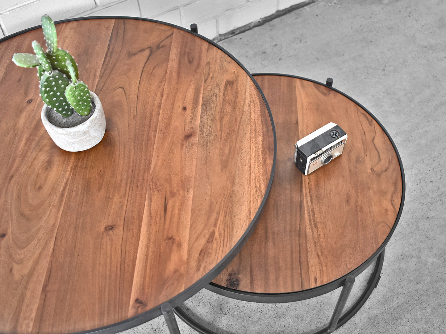 Top view shot of Acacia Wood nested table 