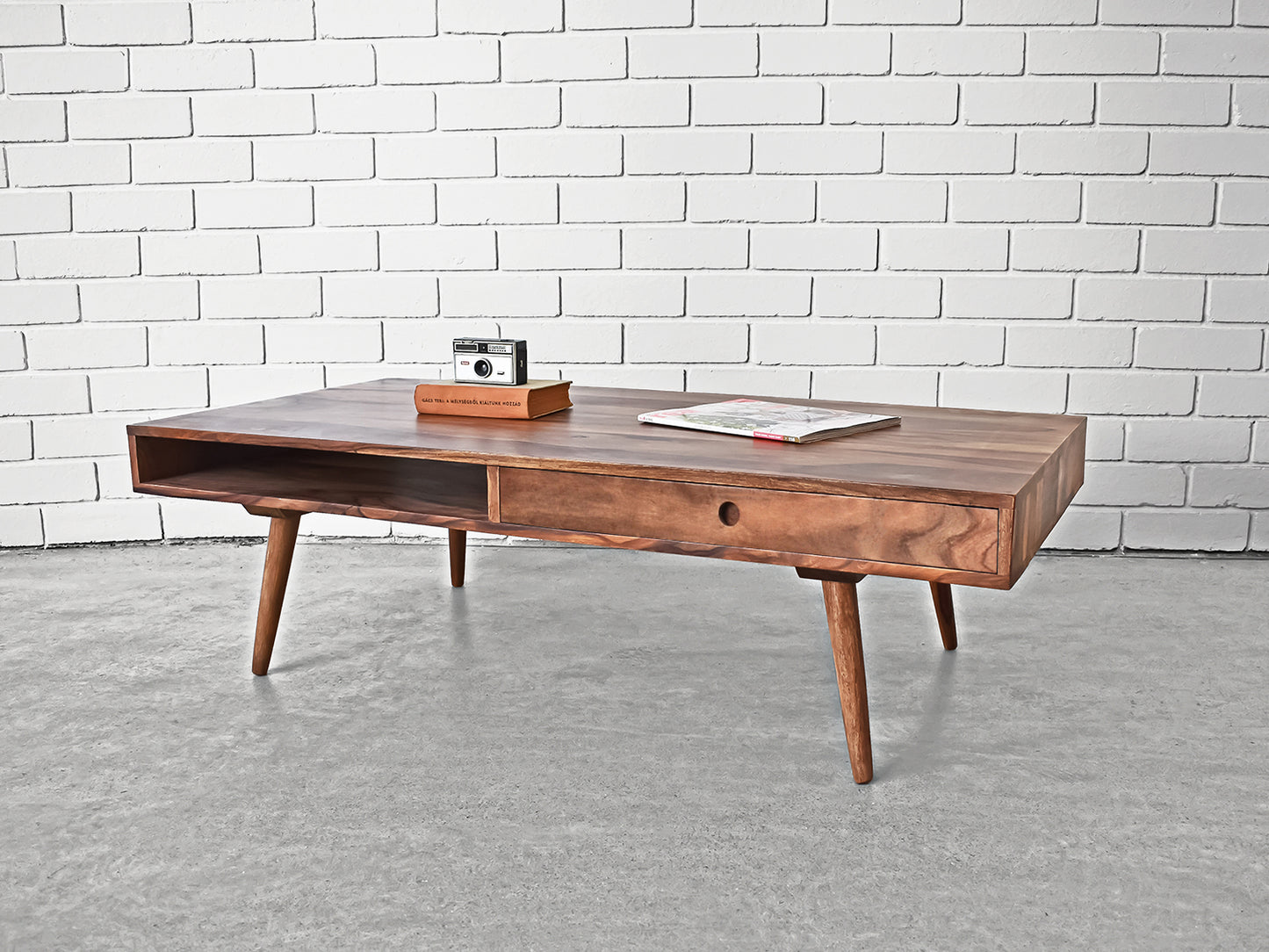 Wooden Rosewood Scandinavian Coffee Table with one drawer and a open drawer shelf