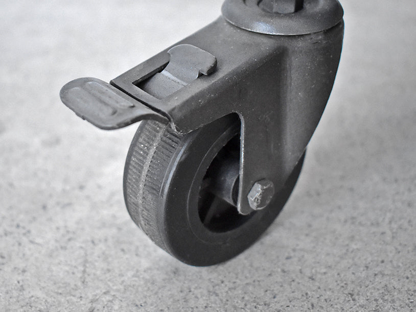 Close up of the wheels on the industrial shelf