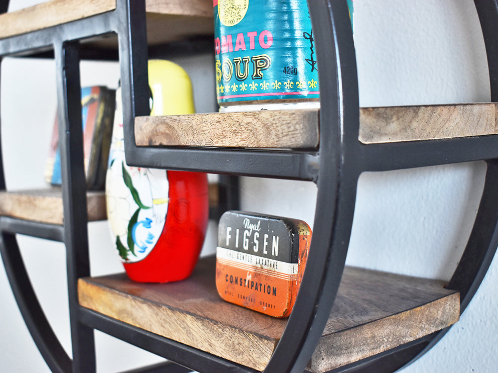 retro industrial wall shelf detail