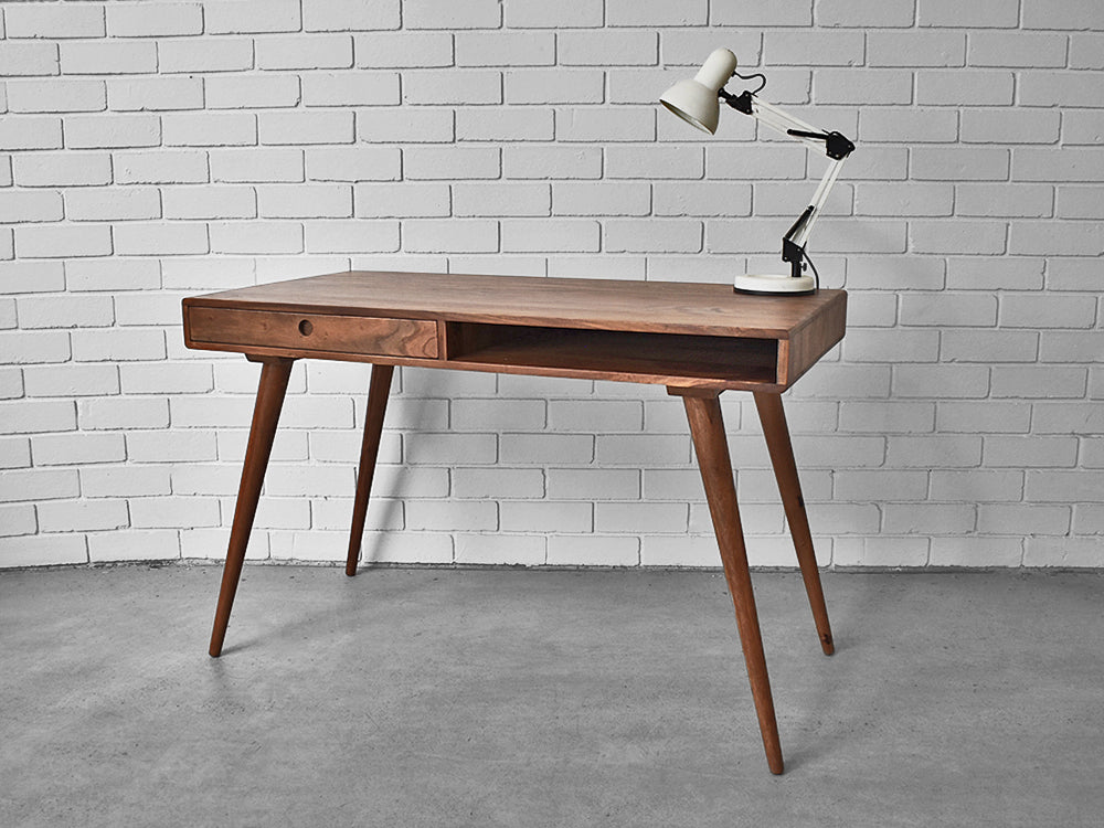 Rosewood danish desk with sliding drawer and open shelf space