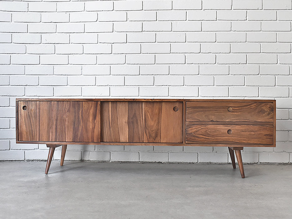 Rosewood scandinavian entertainment unit with two sliding cupboard doors and two drawers