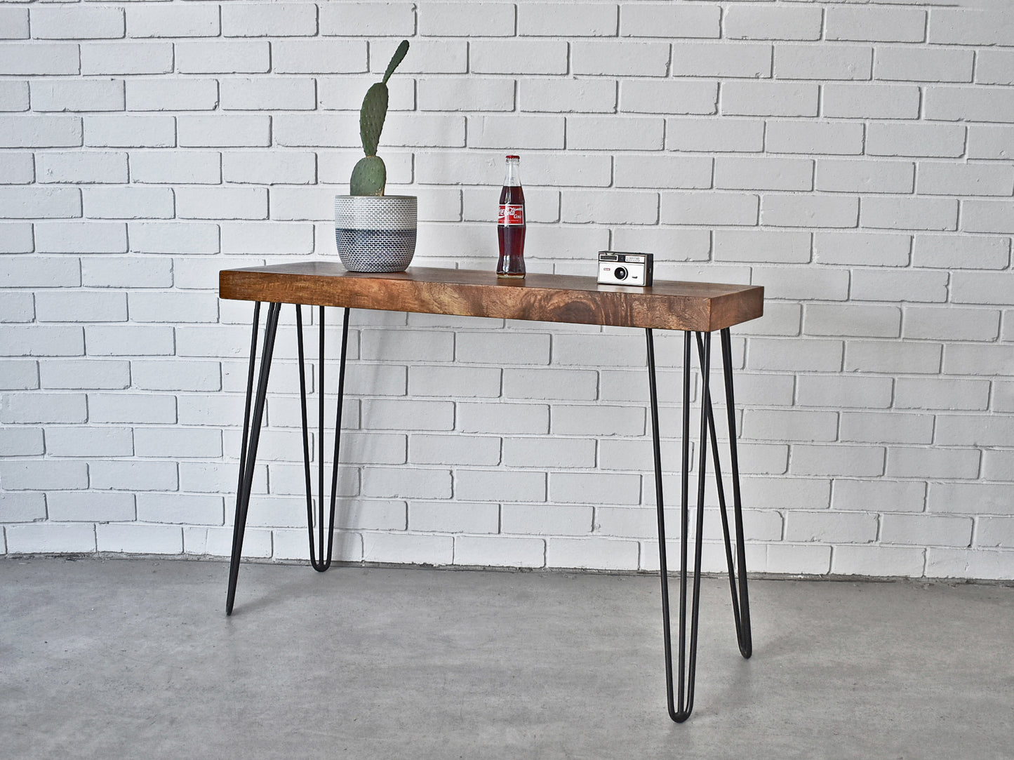 industrial hairpin leg console table with mango wood table top and metal legs
