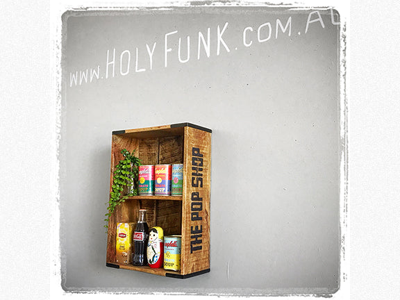 Zoomed out hanging wall shelf crate on a wall