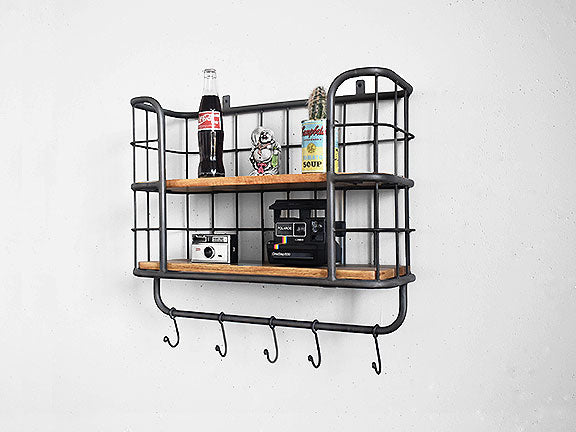 industrial hanging shelf with wooden shelfs and metal frame