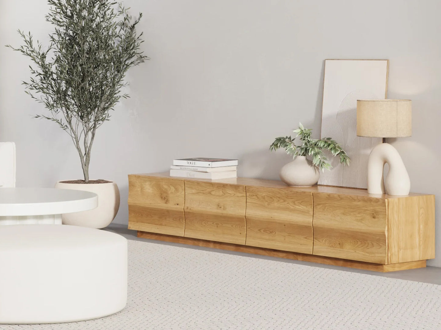 Living room lifestyle shot of Oak wood entertainment unit