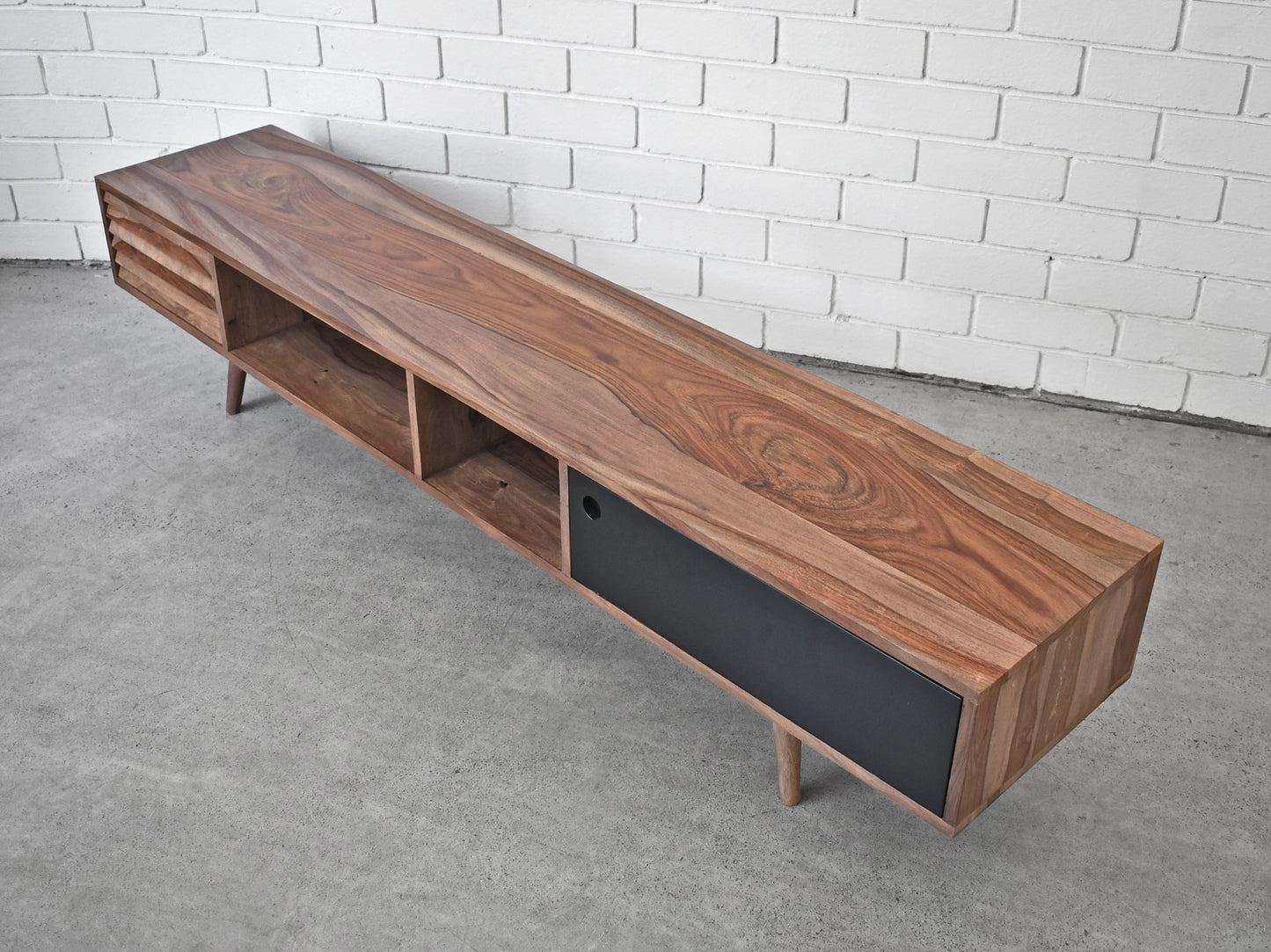 Top view of retro tv unit showing rosewood unit top and black door