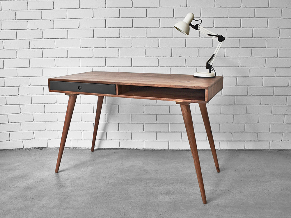 Nordic Office Desk with black drawer and open shelving and long wooden legs