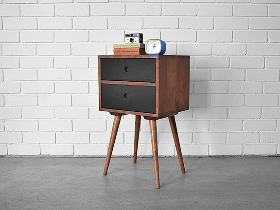 retro wood karl bedside table with black drawers and long wall wooden legs