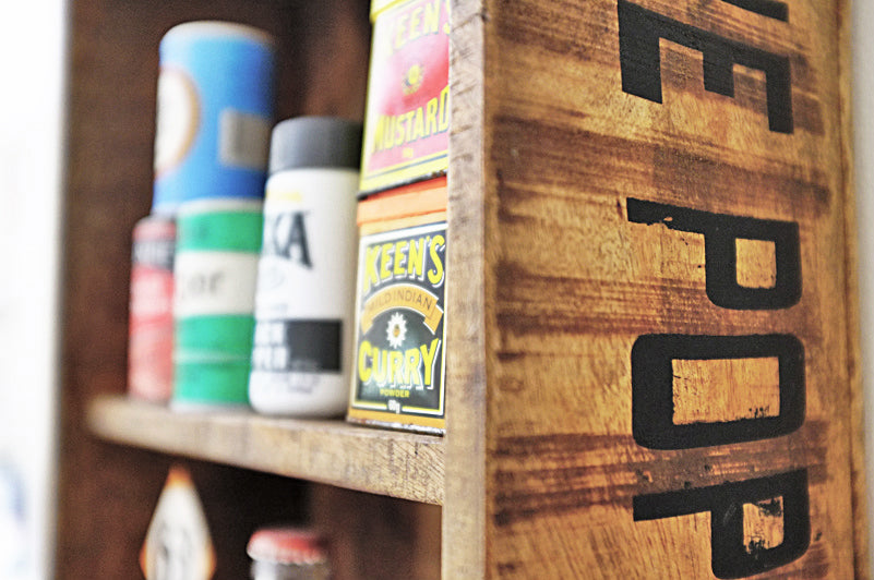 Close up showing wood detail of retro kitchen wall shelf