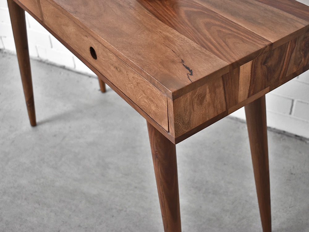 Close up of nordic hall table showing table top and right hand drawer detailing and graining
