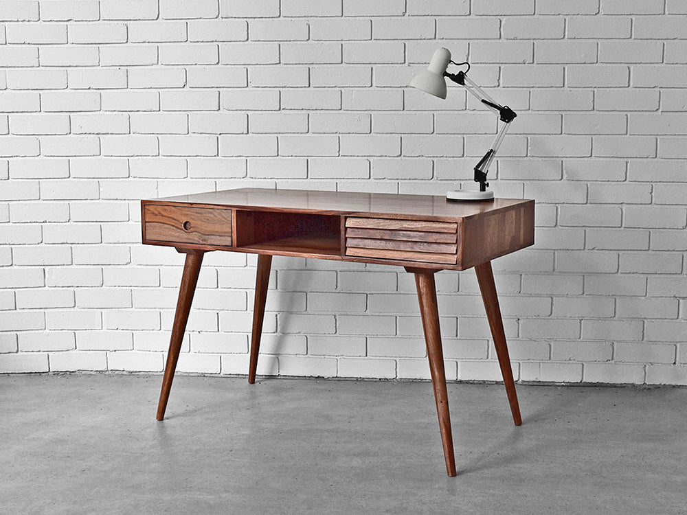 scandinavian rosewood desk with two drawers and open shelf