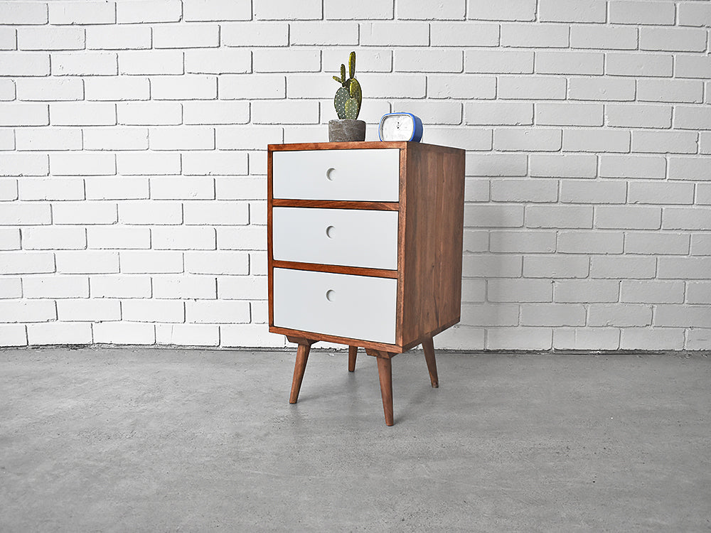 scandinavian bedside table Rosewood Nighstand with 3 white drawers