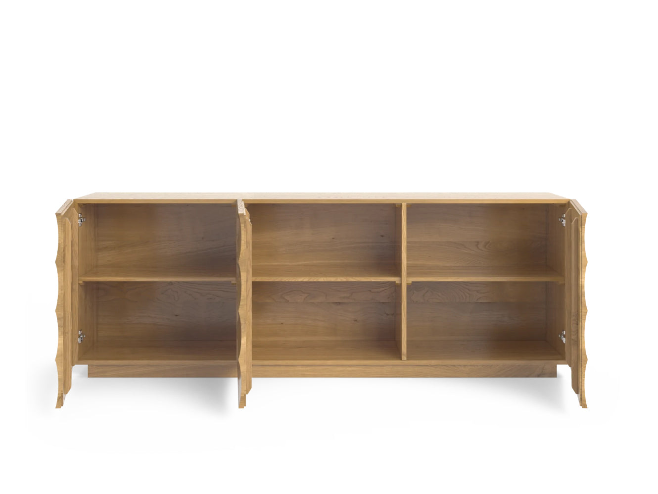 Scandinavian sideboard front view with open cabinets, showing the open shelving