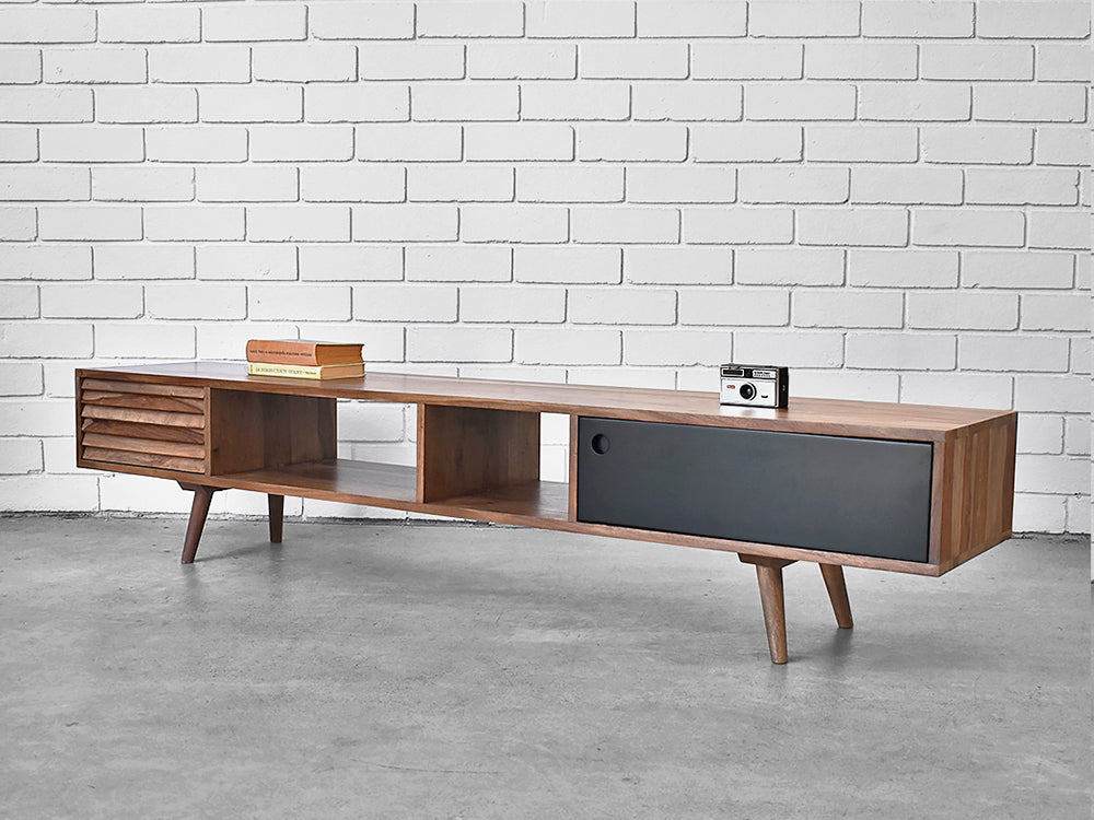 retro entertainment unit with two cupboard door and two open shelves