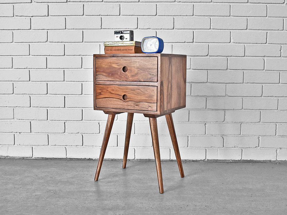 Mid century rose wood bedside table with long wooden legs and two drawers