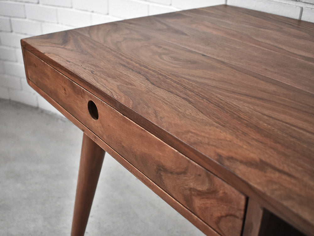 nordic desk close up with drawer and showing the rosewood table top