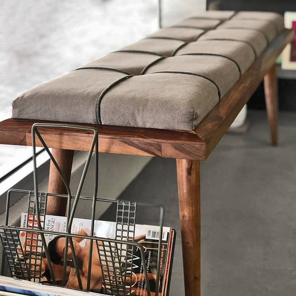 scandinavian dining bench side on photo next to a magazine rack