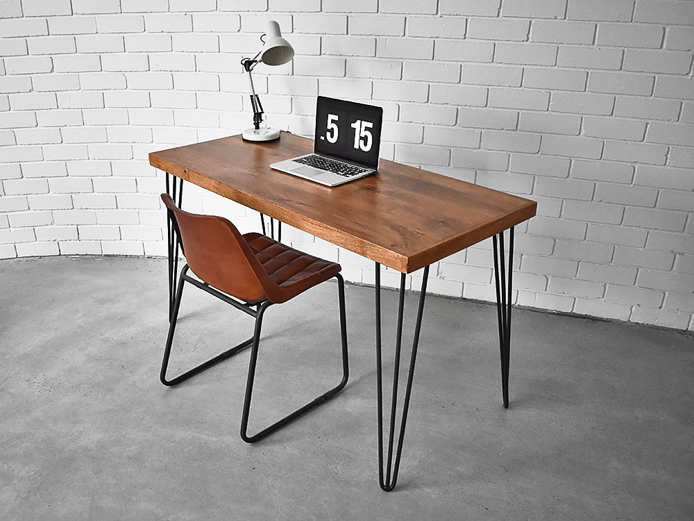 High Angle showing hairpin desk with black metal legs